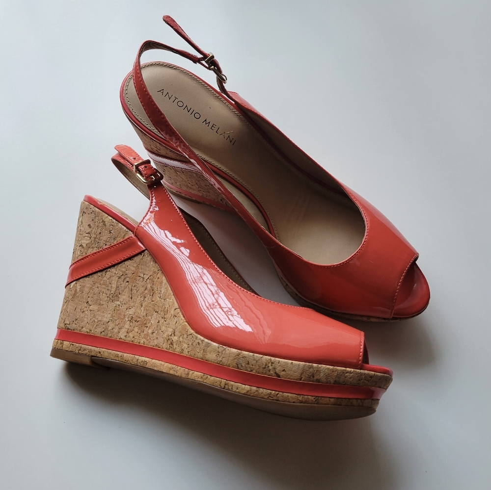 NEW! ANTONIO MELANI ROSIE CORAL COLORED PATENT LEATHER PEEP TOE WEDGES